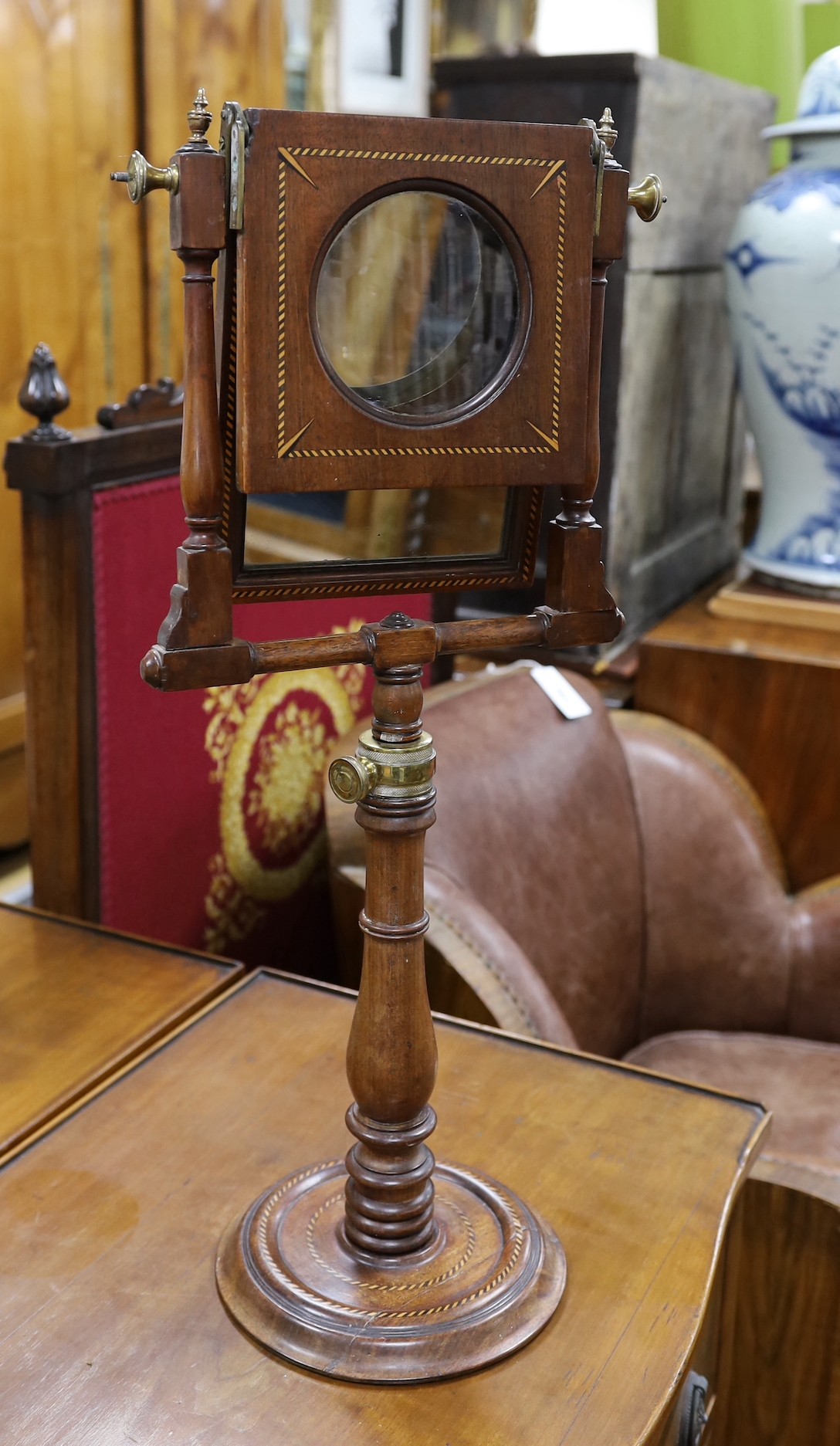 A George III inlaid mahogany zograscope, 62cms high